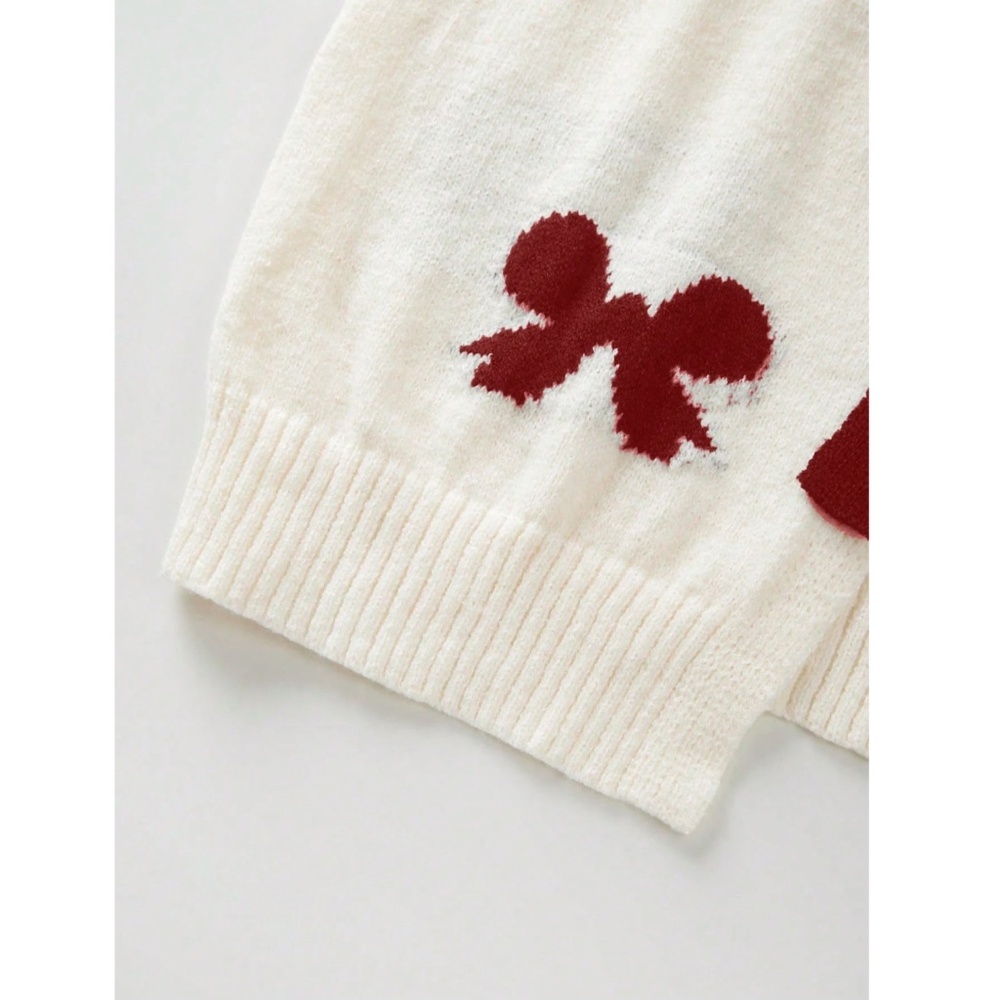 Off White Cardigan With Burgundy Front Ties and Bow Print Pattern Oversized - Picture 9 of 11
